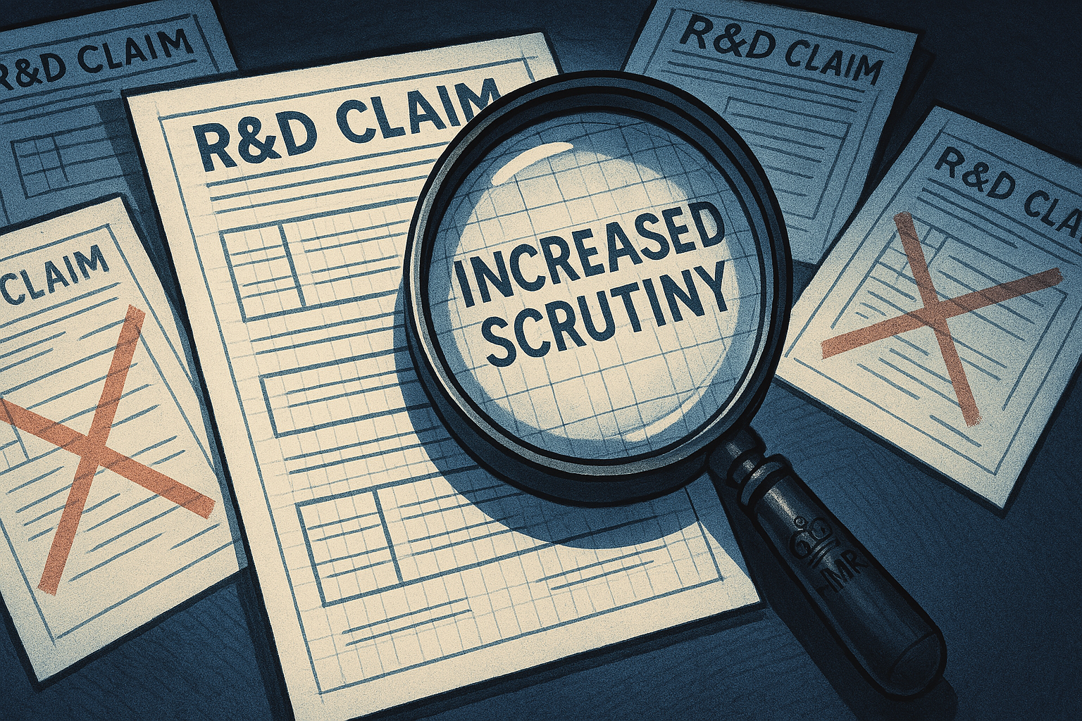 Magnifying glass over R&D claims showing increased scrutiny